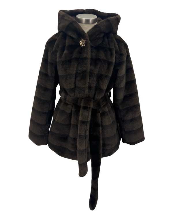 Y983 FAUX FUR HOODED BELTED JACKET COFFEE