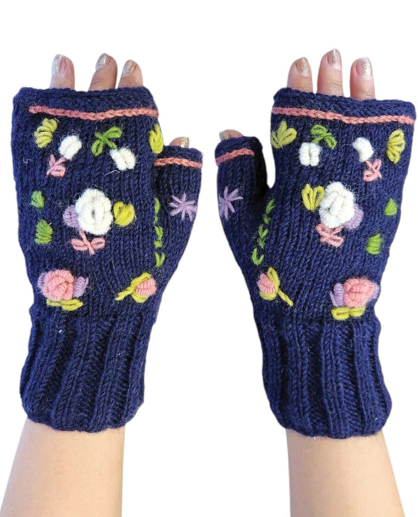 YAK & YETI G604 FINGERLESS FLORAL KNIT GLOVES NAVY