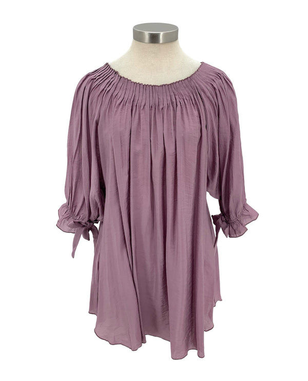 YN512 PLEATED NECK TOP WITH BOW TIE ACCENT ON SLEEVES AMETHYST