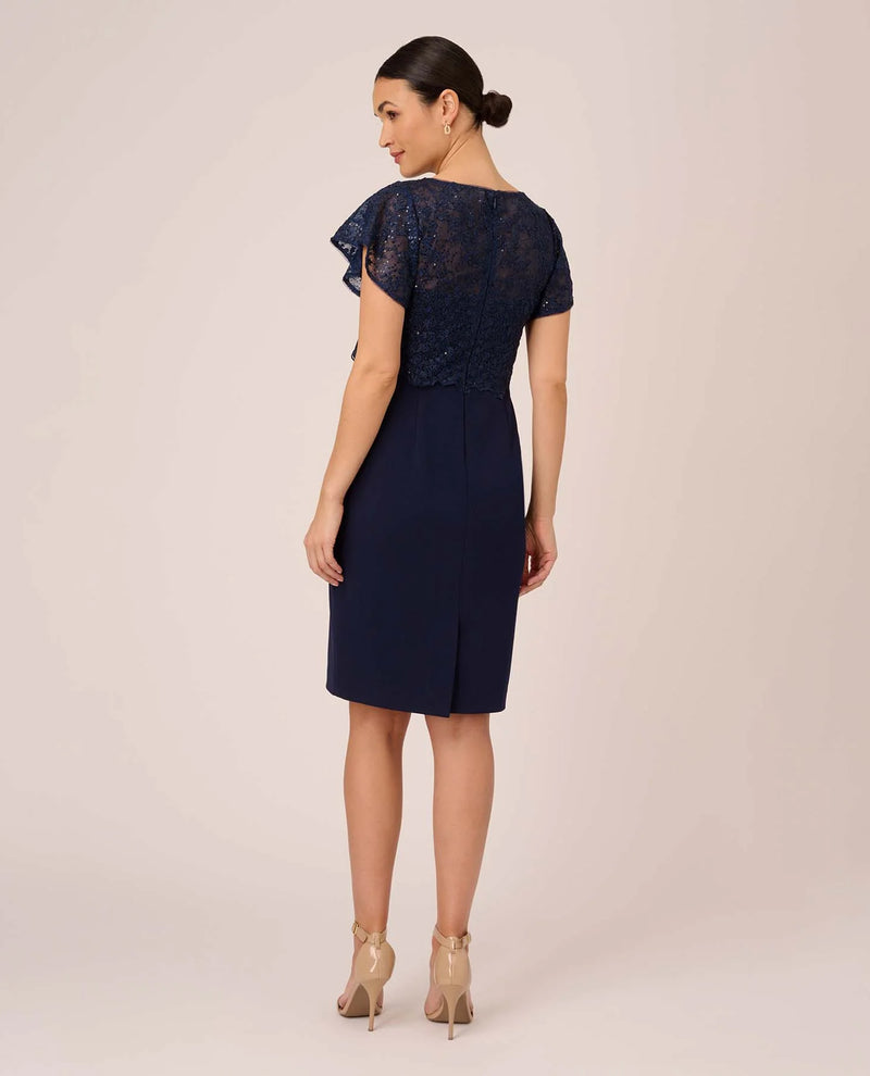 ADRIANNA PAPELL AP1D104957 SEQUIN GUIPURE CREPE DRESS NAVY
