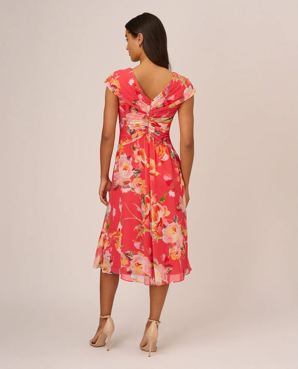 ADRIANNA PAPELL AP1D105006 FLORAL FRONT TWIST MIDI CORAL MULTI