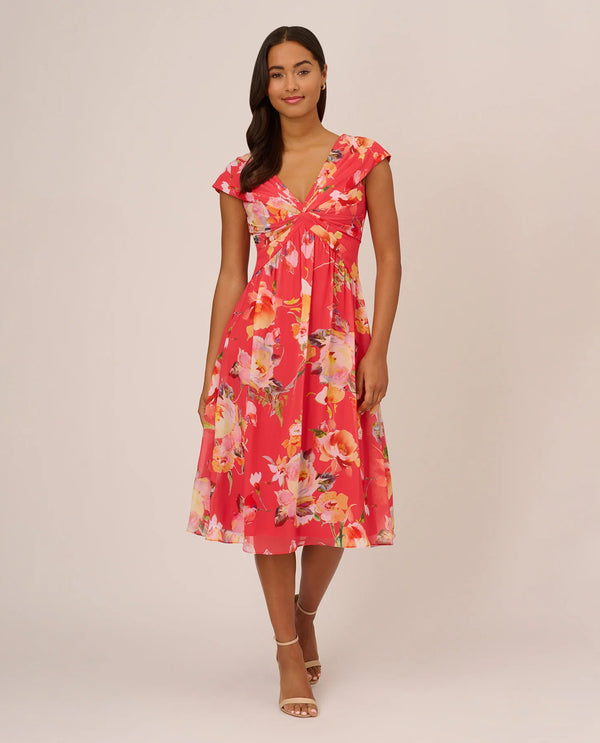ADRIANNA PAPELL AP1D105006 FLORAL FRONT TWIST MIDI CORAL MULTI