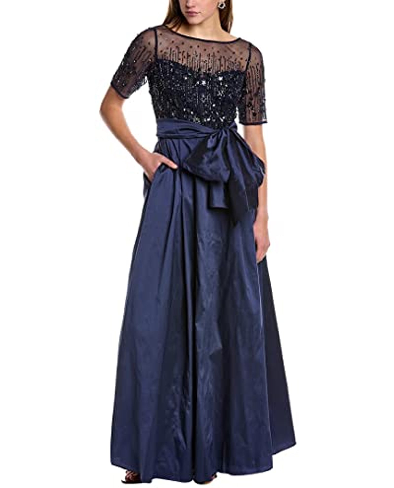 Adrianna Papell blue lace good gown beaded banding