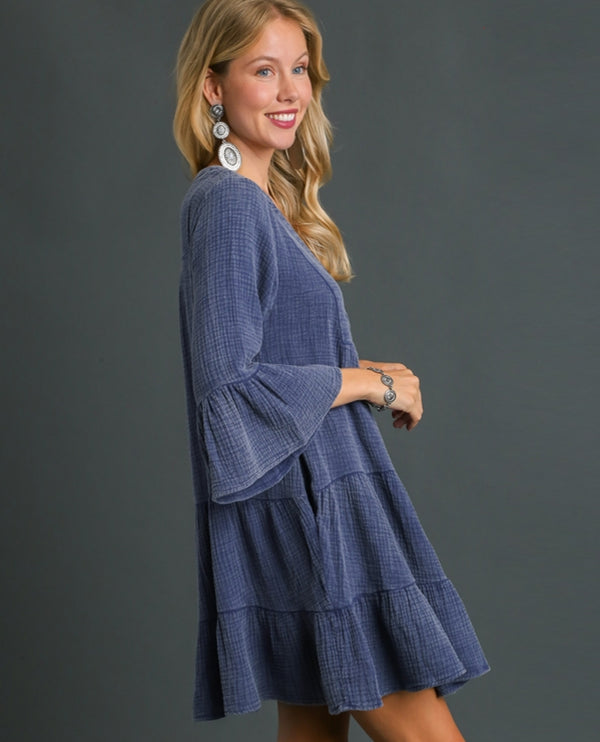 UMGEE B8160 MINERAL WASH BABYDOLL TIERED DRESS NAVY