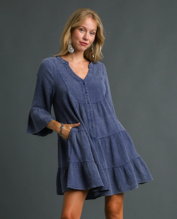 UMGEE B8160 MINERAL WASH BABYDOLL TIERED DRESS NAVY