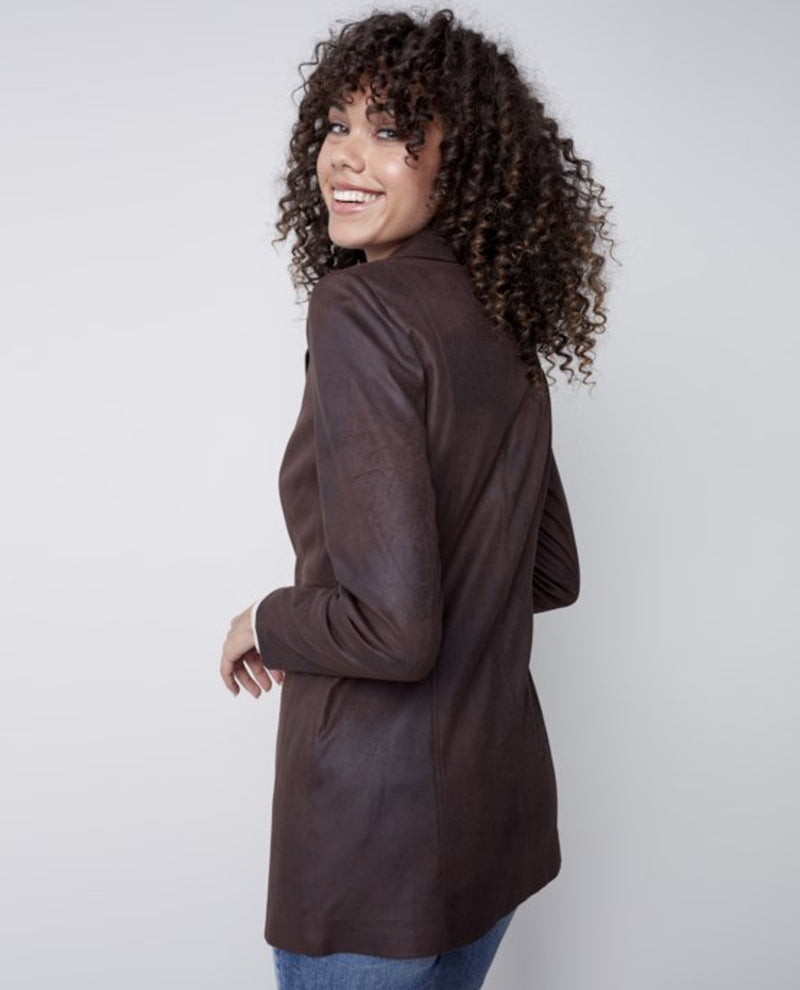 CHARLIE B C6270 LONG FAUX LEATHER ZIP JACKET CHOCOLATE