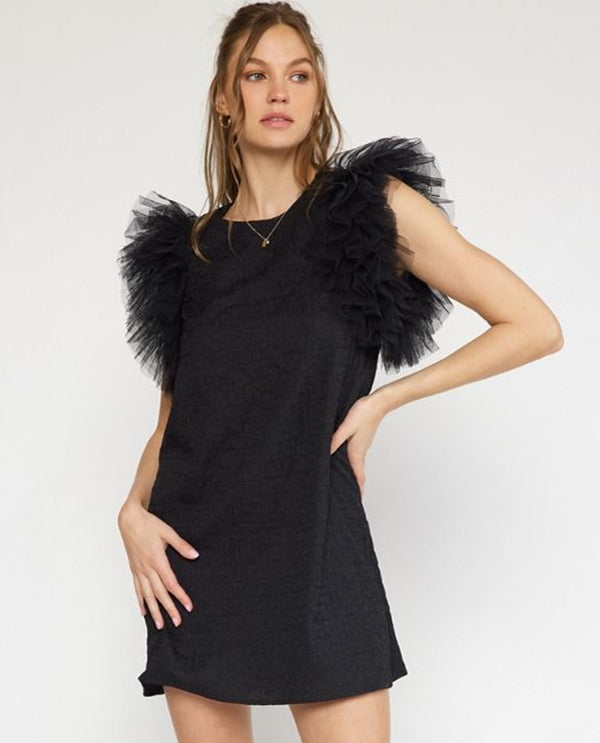 ENTRO D20305 TEXTURED WITH TULLE SLEEVE DRESS BLACK