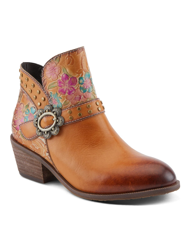 L'ARTISTE DAINTY LADY FLORAL PRINT ANKLE BOOT CAMEL MULTI