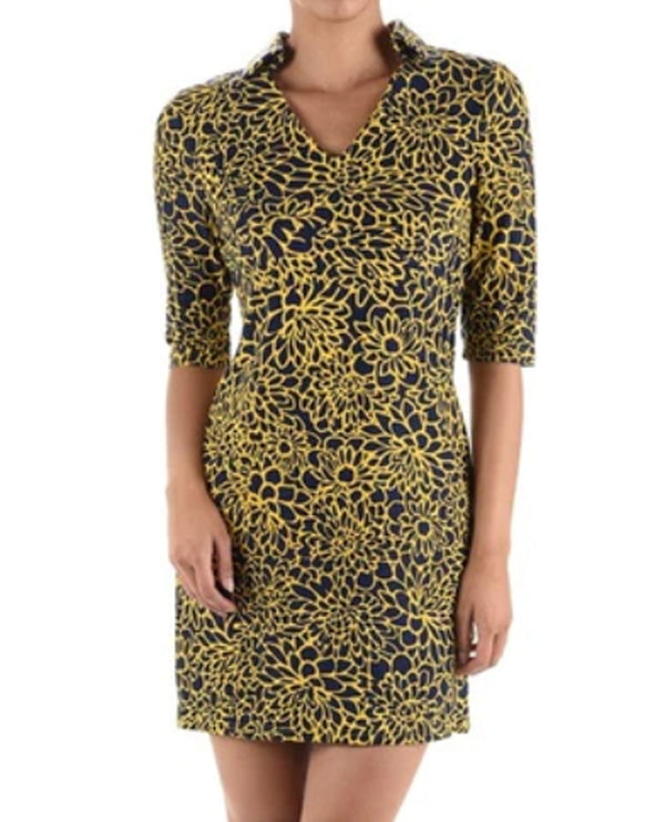 ARYEH DRS-Y-083 PRINT KNIT DRESS NAVY/YELLOW
