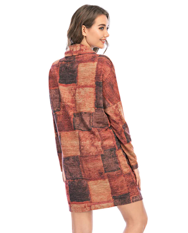 ARYEH DRY-8376 TURTLE NECK PLAID KNIT DRESS RUST
