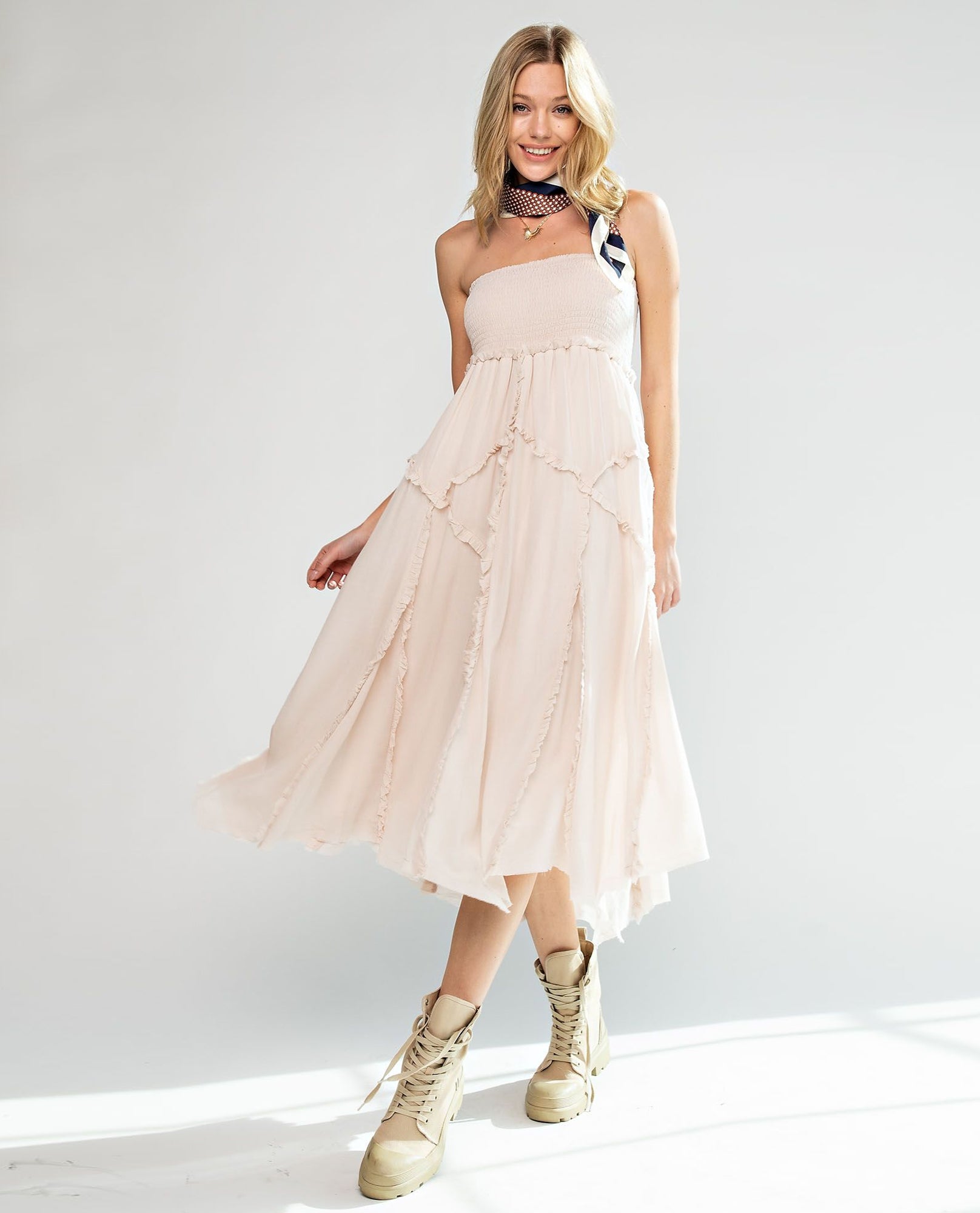 EASEL EB41419 GAUZE SMOCKING DETAIL SLEEVELESS DRESS The Clothing Cove