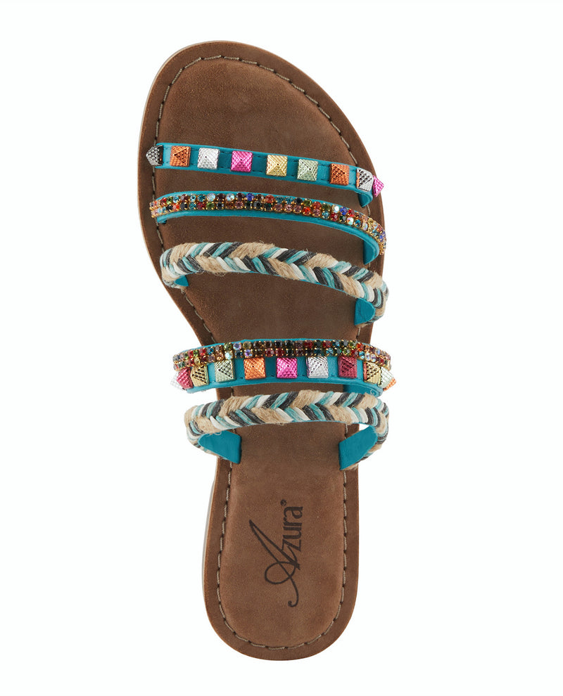 AZURA INTOXICATE MULTI STRAPS SLIDE ON FLAT SANDALS TURQ MULTI