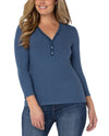 LIVERPOOL LM8759K61 3/4 SLEEVE RIB KNIT HENLEY TOP CHAMBRAY BLUE