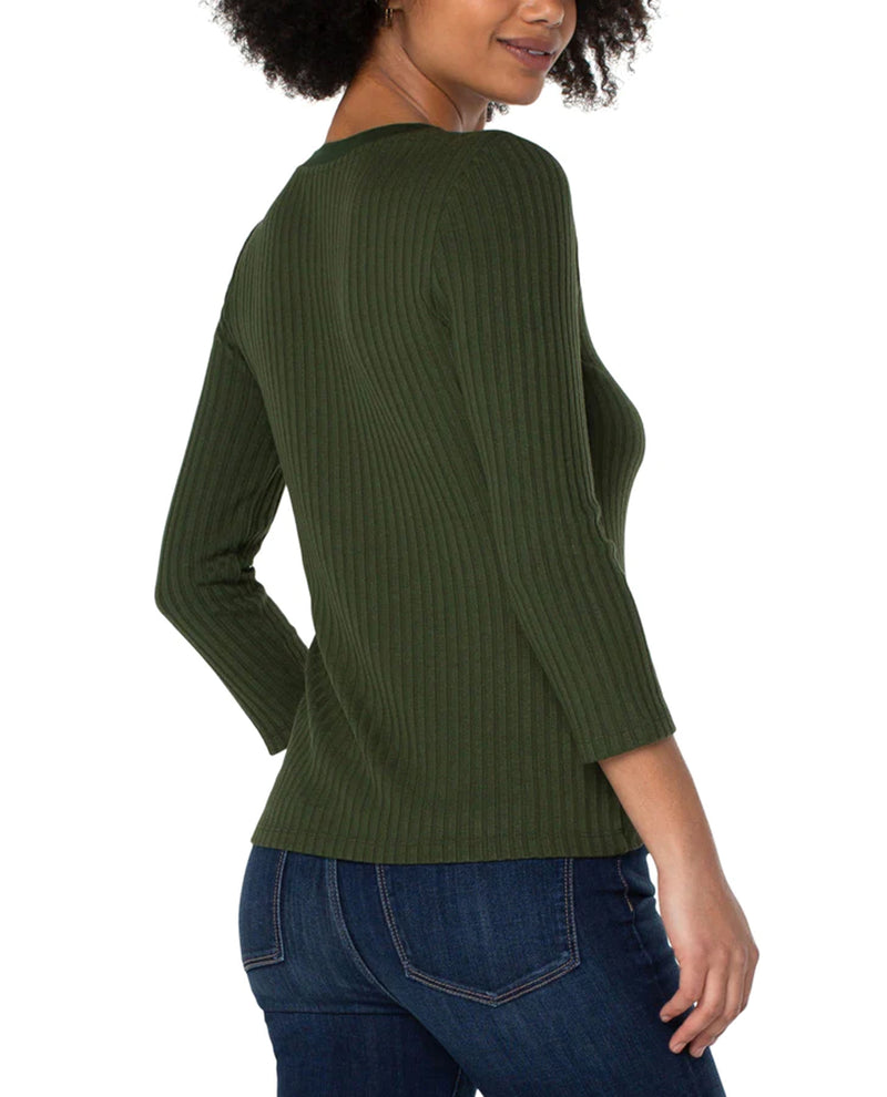 LIVERPOOL LM8759K61 3/4 SLEEVE RIB KNIT HENLEY TOP DEEP FOREST GREEN