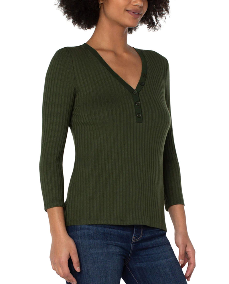 LIVERPOOL LM8759K61 3/4 SLEEVE RIB KNIT HENLEY TOP DEEP FOREST GREEN