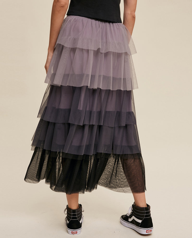 LISTICLE LSK0224 GRADIENT TIERED MESH MAXI SKIRT CHARCOAL