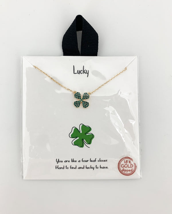 LUCKY FOUR LEAF CLOVER WITH GREEN CRYSTALS NECKLACE