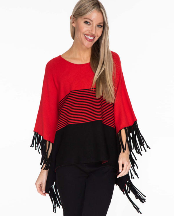 MULTIPLES M43207KW WOMENS SCOOP NECK FRINGE EDGE PONCHO RUBY RED