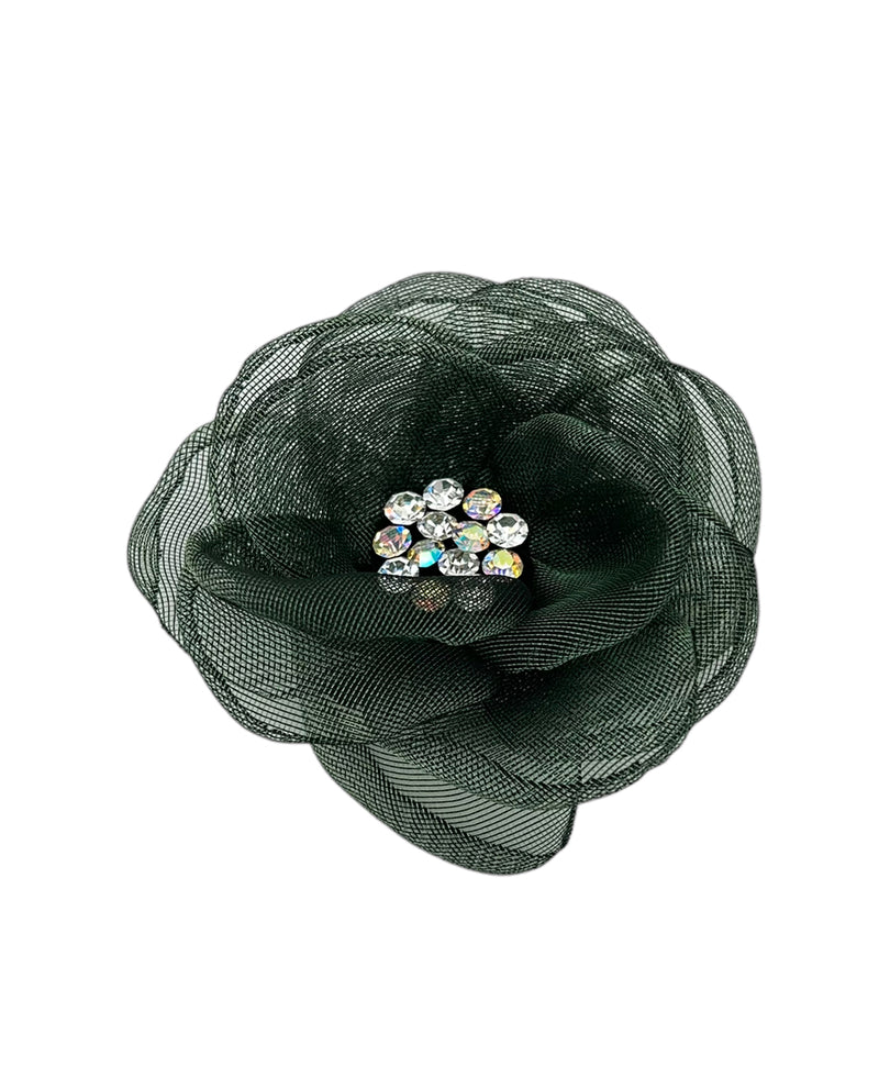 MESH & CRYSTAL ROSE BROOCH AND HAIR CLIP OLIVE