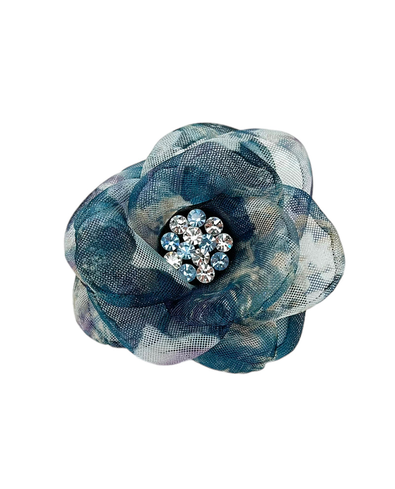 MESH & CRYSTAL ROSE BROOCH AND HAIR CLIP TEAL FLORAL