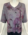 NALLY & MILLIE N313313F PRINT FLORAL BORDER V NECK TOP GRAYS/PURPLE