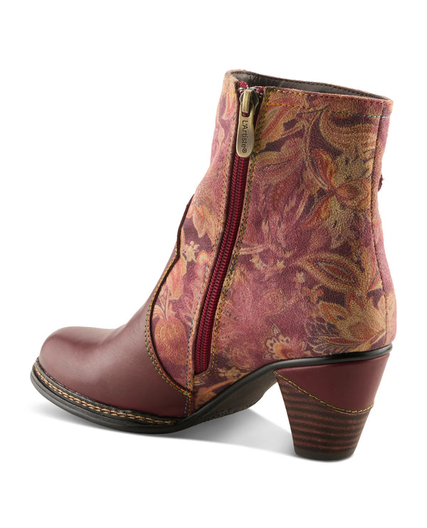 L'ARTISTE NAIMA PRINT STACKED HEEL ANKLE BOOT BORDEAU MULTI