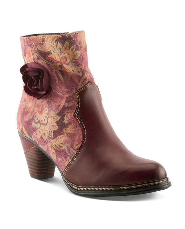 L'ARTISTE NAIMA PRINT STACKED HEEL ANKLE BOOT BORDEAU MULTI