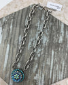 RACHEL MARIE DESIGNS ONE OF A KIND VINTAGE BUTTON CAP NECKLACE IRRIDESCENT TURQUOISE