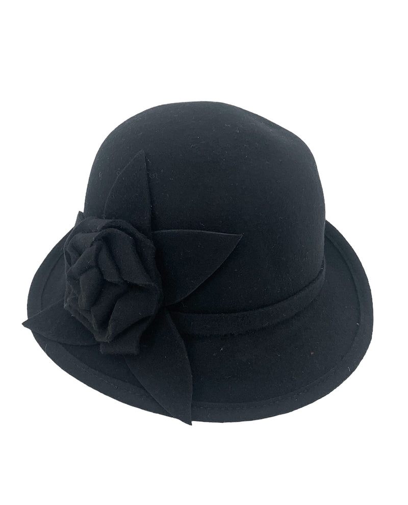 R1899 100% WOOL CLOCHE HAT WITH FLOWER BLACK