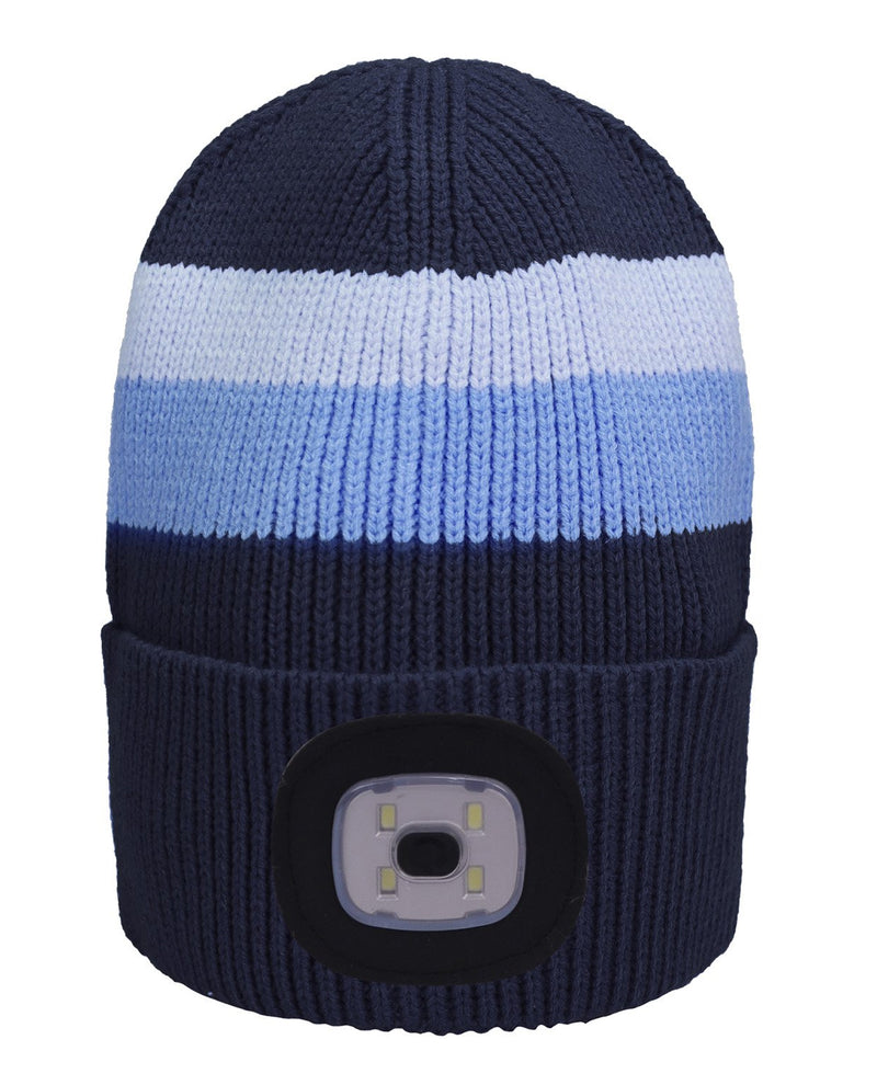 RECHARGEABLE LED SPOTLIGHT STRIPED BEANIE NAVY