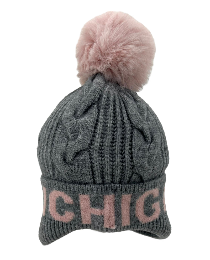 RR627 MICHIGAN CABLE KNIT POM HAT GRAY/PINK