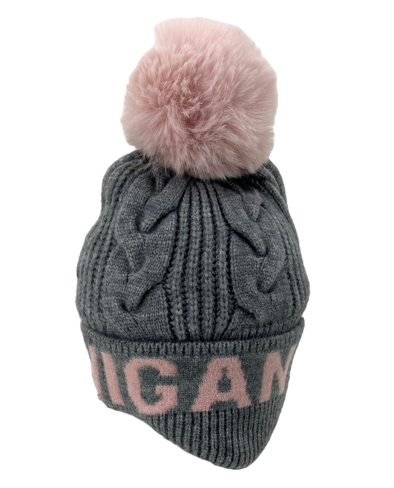 RR627 MICHIGAN CABLE KNIT POM HAT GRAY/PINK