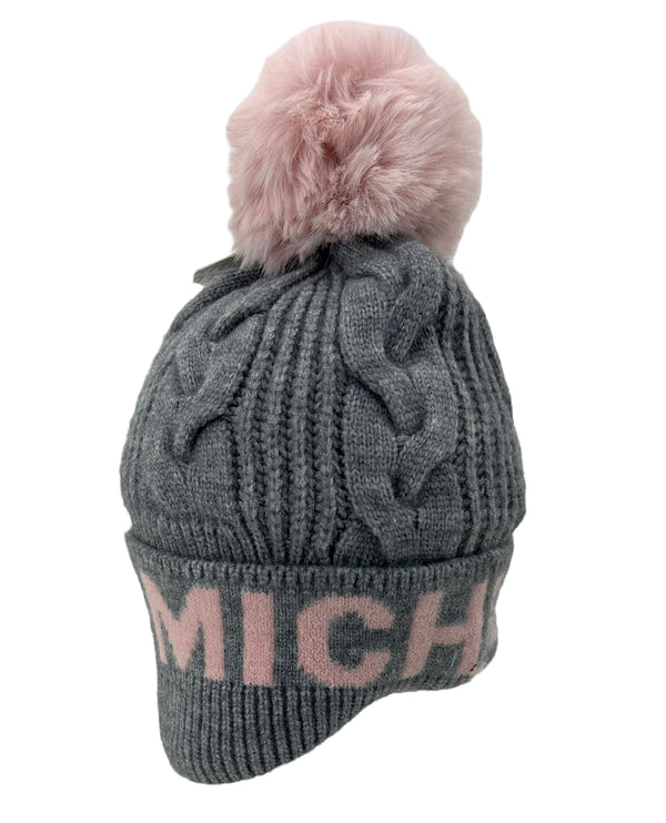 RR627 MICHIGAN CABLE KNIT POM HAT GRAY/PINK