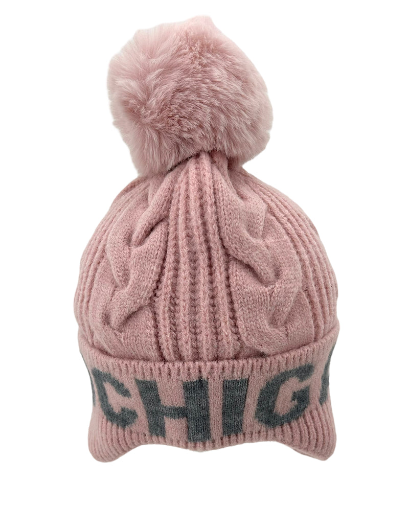 RR653 MICHIGAN CABLE KNIT POM HAT PINK