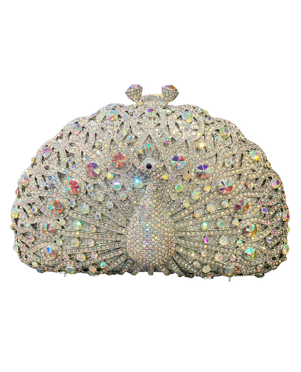 S130 PEACOCK CRYSTAL EVENING BAG AB SILVER