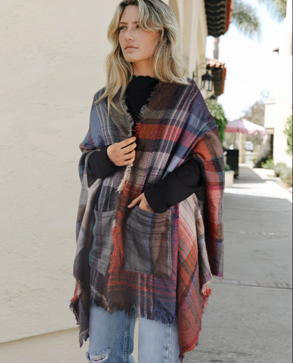 One Size Plaid Shawl With Pockets brown