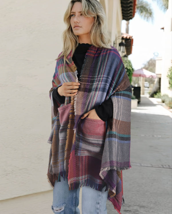 One Size Plaid Shawl With Pockets pink
