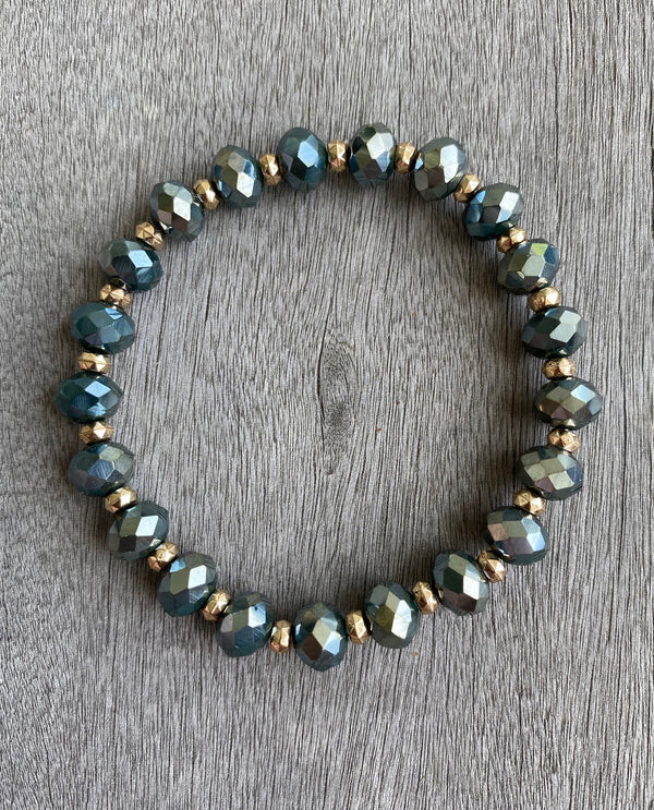 Stackable Stretch Crystal & Gold Bead Bracelet TEAL