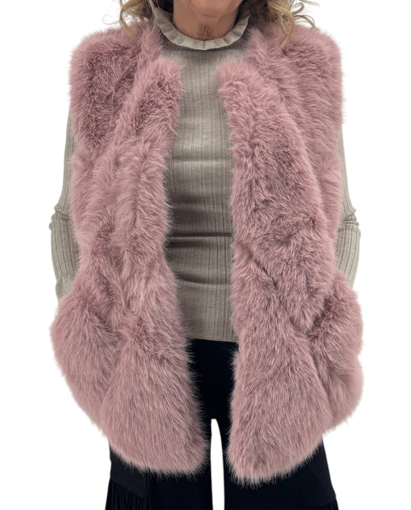 FAUX FUR VEST W/ LEATHER DETAIL O/S Y950