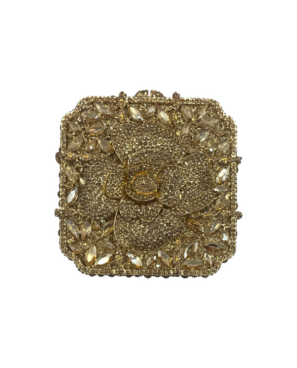S156 GOLD 3D FLORAL RHINESTONE BAG