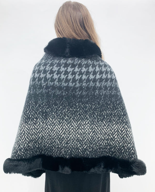 TX532 HOUNDSTOOTH CAPE WITH FUR BLACK