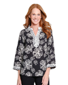 MULTIPLES M36402TM 3/4 SLV NOTCH NECK COLLAR WOVEN TOP W/ LACE TRIM BLACK