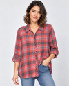 3557P PETITE DENIM DARLING BUTTON UP FLANNEL TOP CORAL