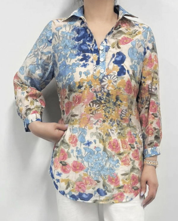 CREATION AM309 1/4 BUTTON NECK PRINT TOP FLORAL MULTI