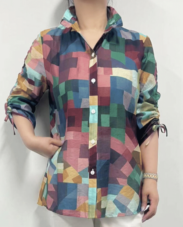 CREATION AM311 WIRE COLLAR DRAWSTRING SLV TOP TEAL/RED GEO