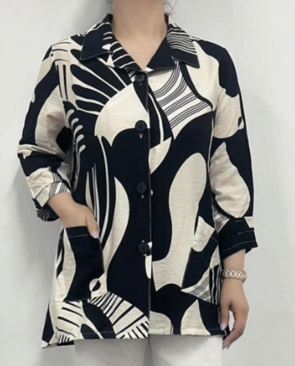 CREATION AM330 BUTTON DOWN PRINT TOP BLACK/WHITE