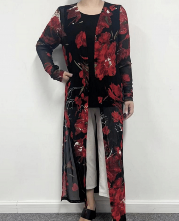 CREATION AM419 MESH FLORAL DUSTER RED