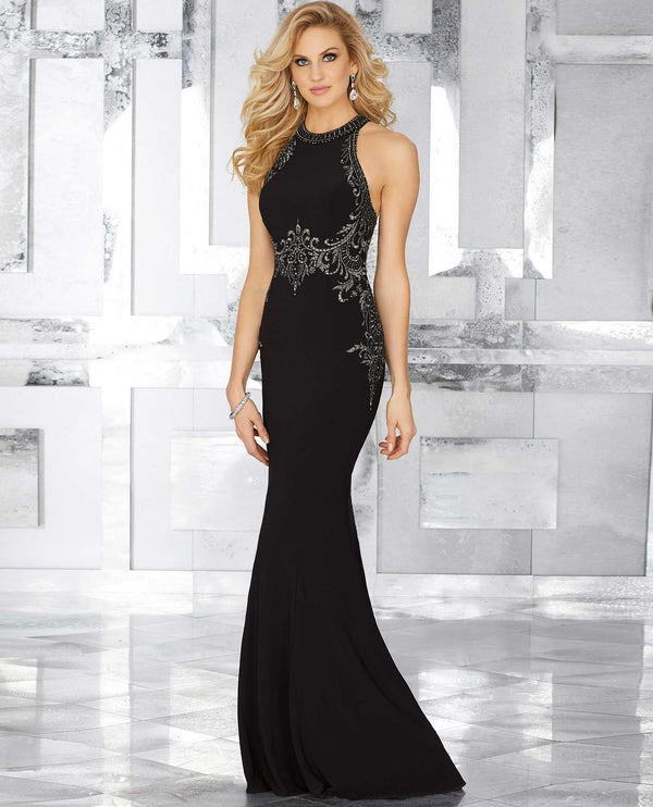 MGNY 71625 Embroidered Jersey Trumpet Gown black sleeveless form-fitting gown with crystals