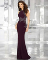 MGNY 71625 Embroidered Jersey Trumpet Gown eggplant purple sleeveless gown with crystals