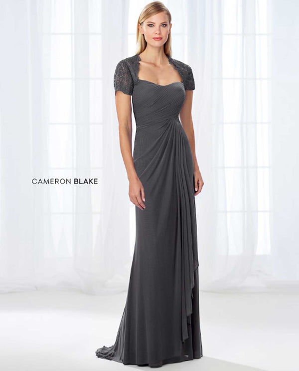 Cameron Blake 118681 Pleated Bodice Lace Dress Charcoal 